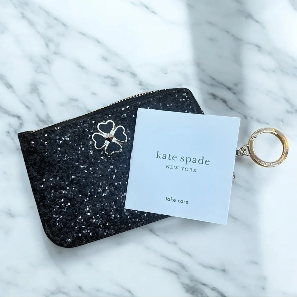 Kate Spade Odette Black Glitter L-Zip Card Holder Wallet Keychain